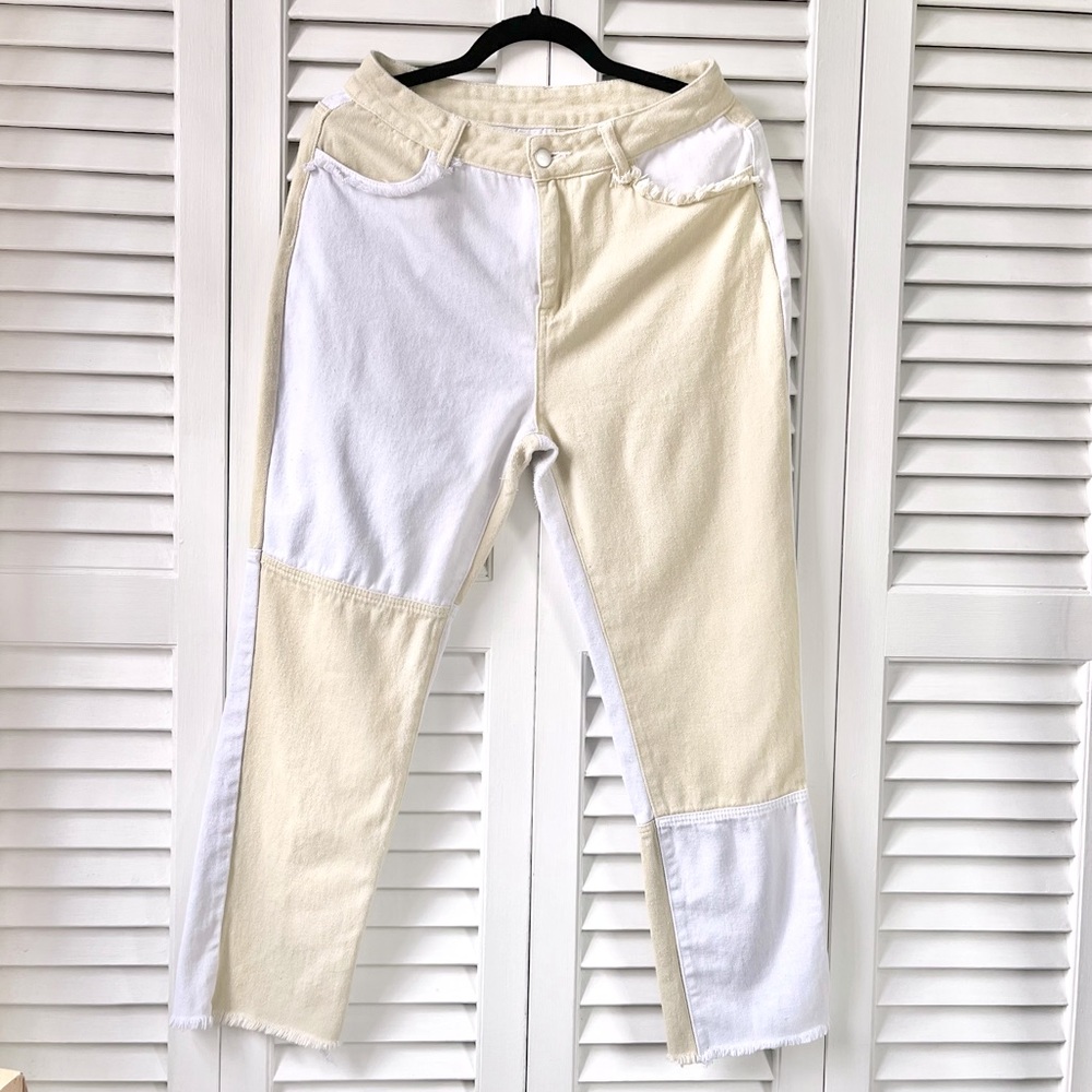 White & Tan/Beige Romwe Colorblock Jeans